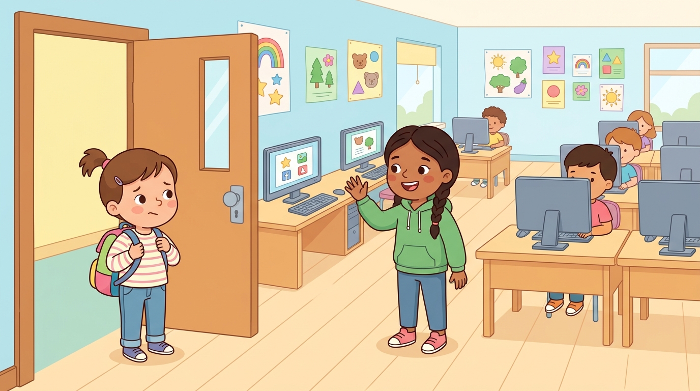 Yara stands a little shyly at the computer lab doorway holding her backpack straps, while Nora waves and welcomes her inside, rows of computers visible in the background